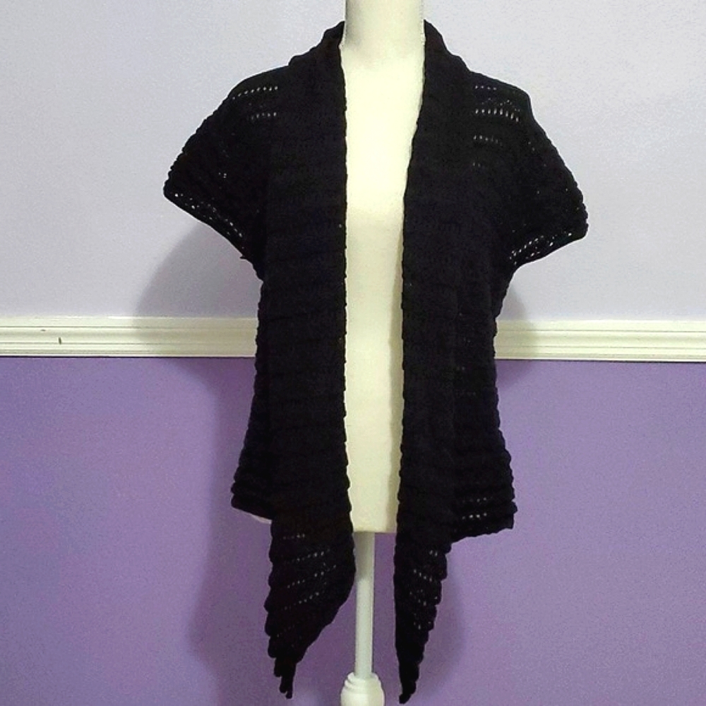New Direction Y2K Boho Romantic Black Pointelle Knit Asymmetrical Open Cardigan